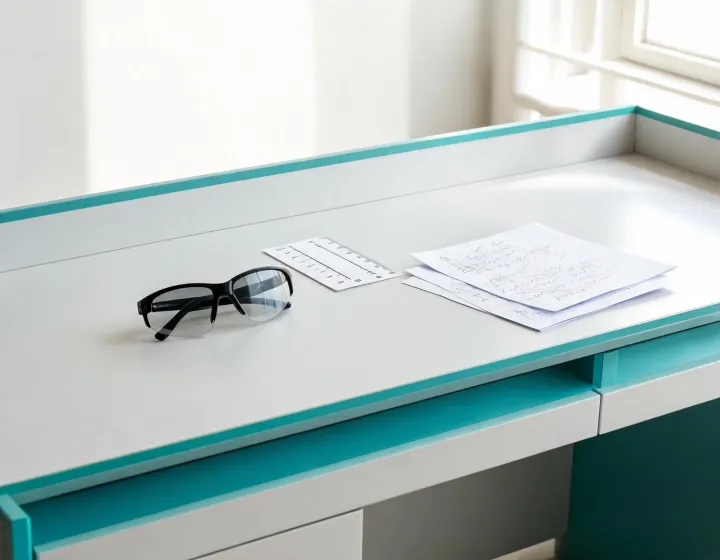 Wraparound sunglasses beside a millimetre sizing card on a sourcing desk