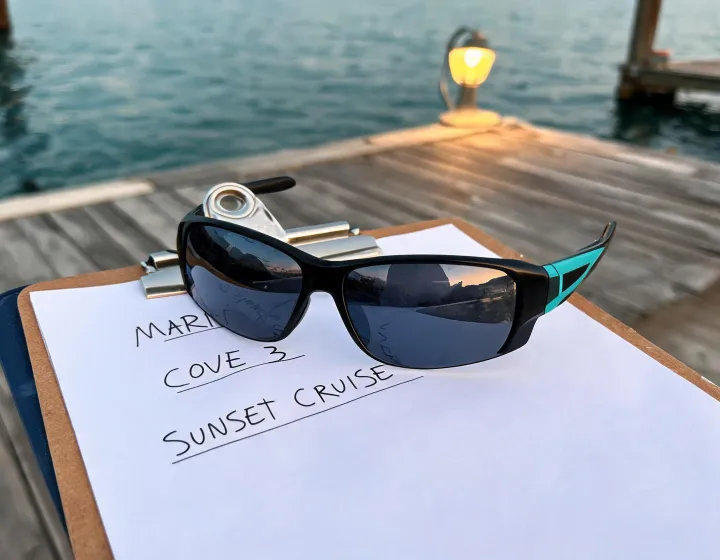 Polarized wraparound sunglasses on an outdoor application briefing board