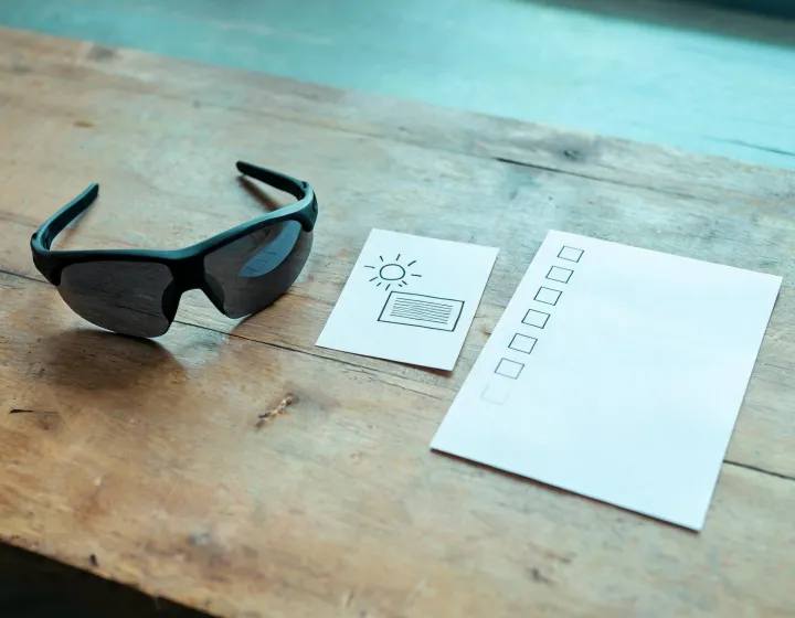 Cycling polarized wraparound sunglasses requirement sheet on a workbench